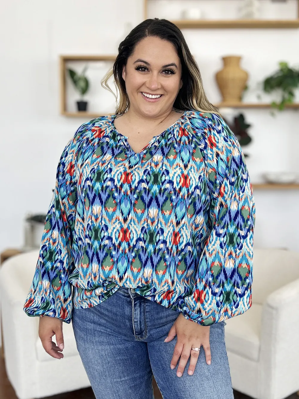 Full Size Printed Balloon Sleeve Blouse, image 5
