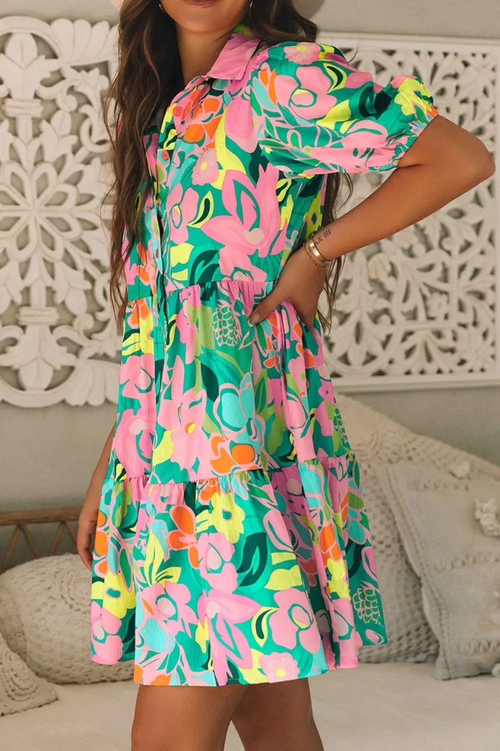 Button Down Floral Puff Sleeve Babydoll Dress, image 3