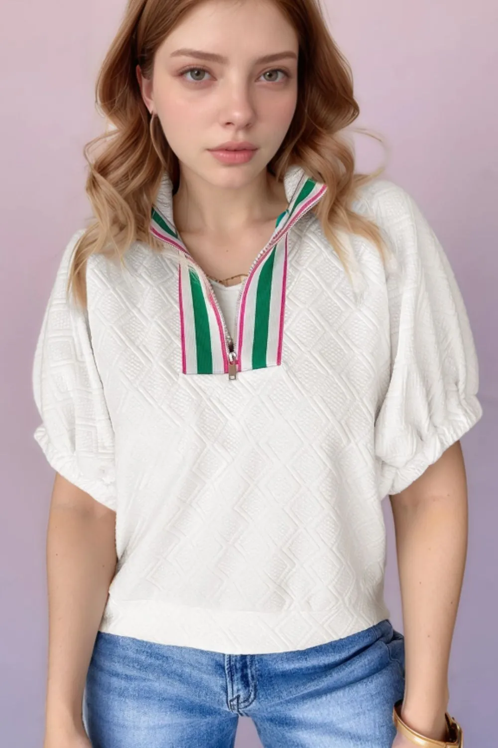 Contrast Striped Collar Patchwork Textured Half Sleeve Blouse, image 2