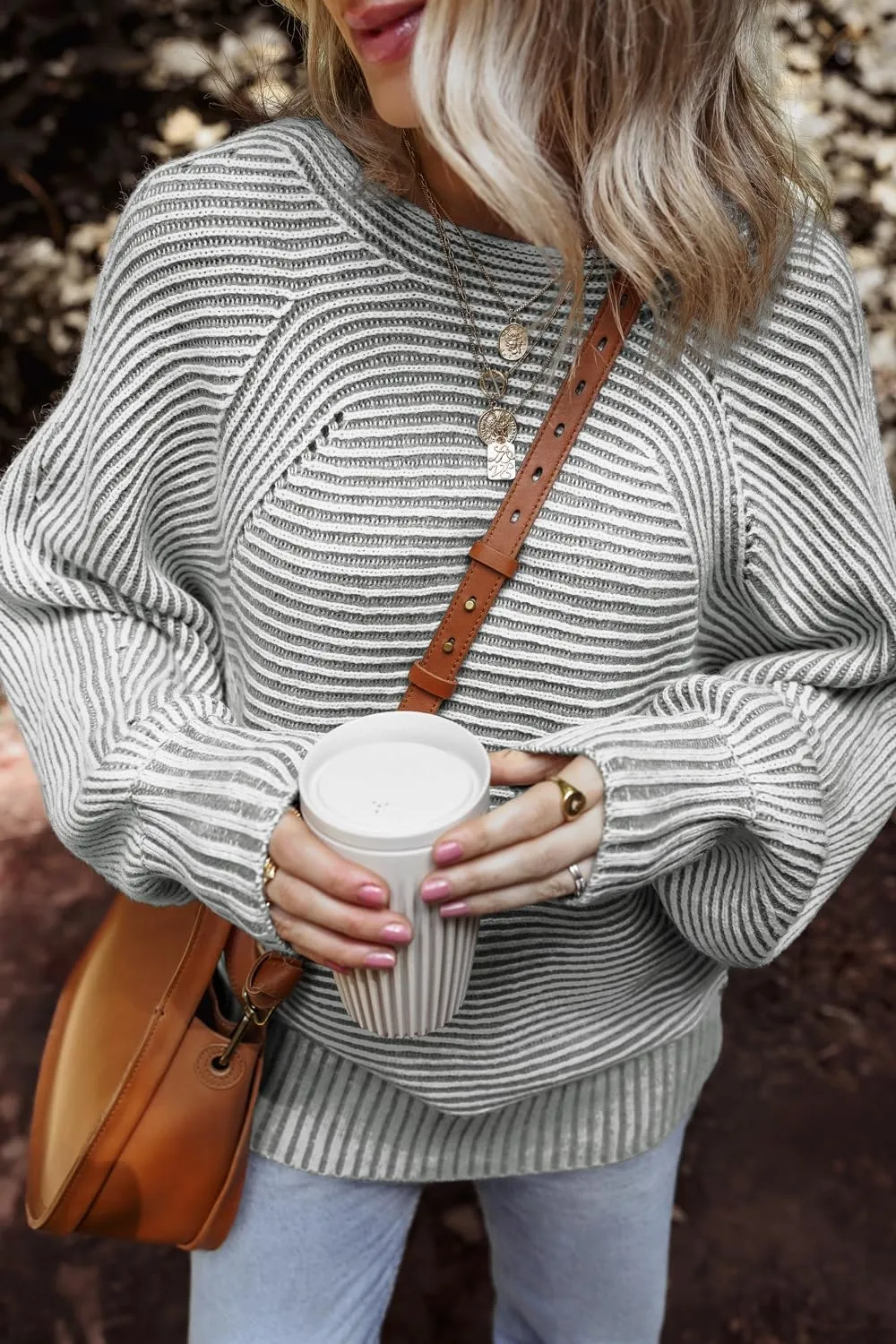 Textured Striped Round Neck Long Sleeve Top, image 16
