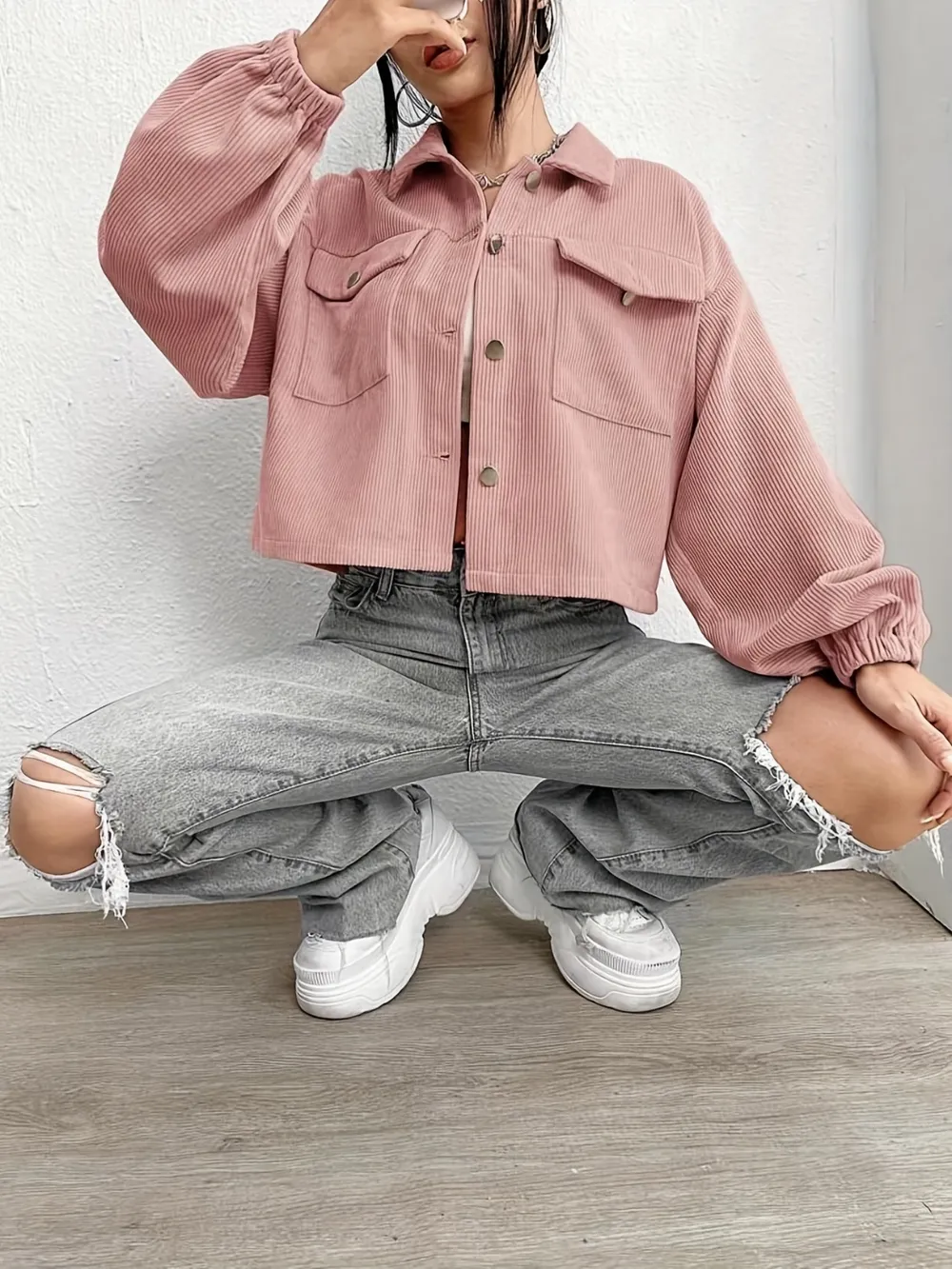 Collared Neck Dropped Shoulder Jacket, image 5