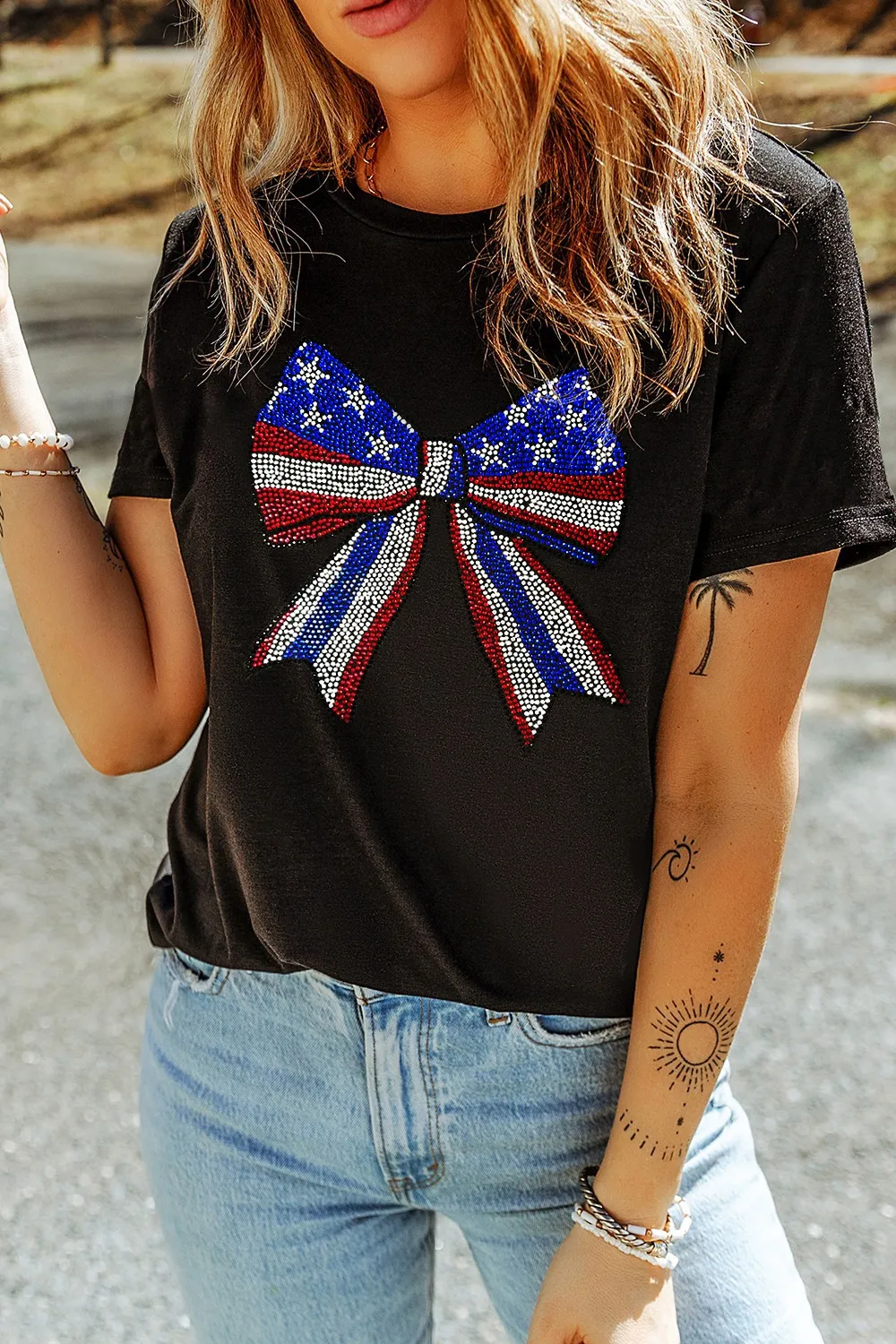 Bow Rhinestone Round Neck T-Shirt, image 2