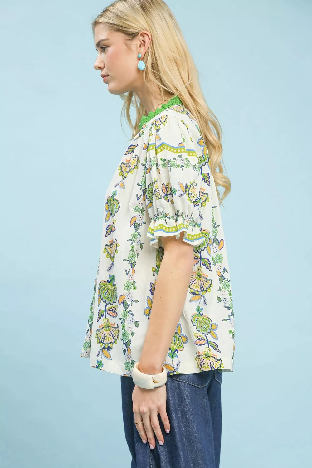 Abstract Border Print V-Neck Top, image 2