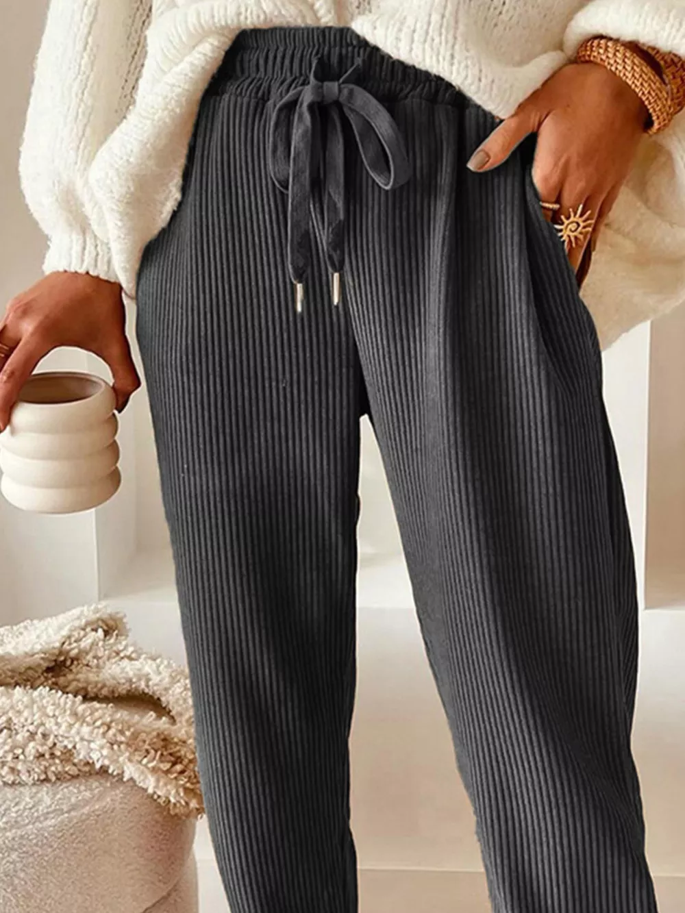 Casual Corduroy Drawstring Waist Pants, image 3