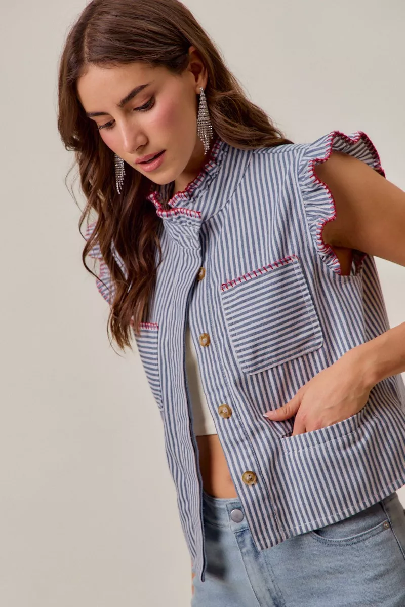 Stripe Twill Stitch Ruffled Hidden Button Vest Top, image 6