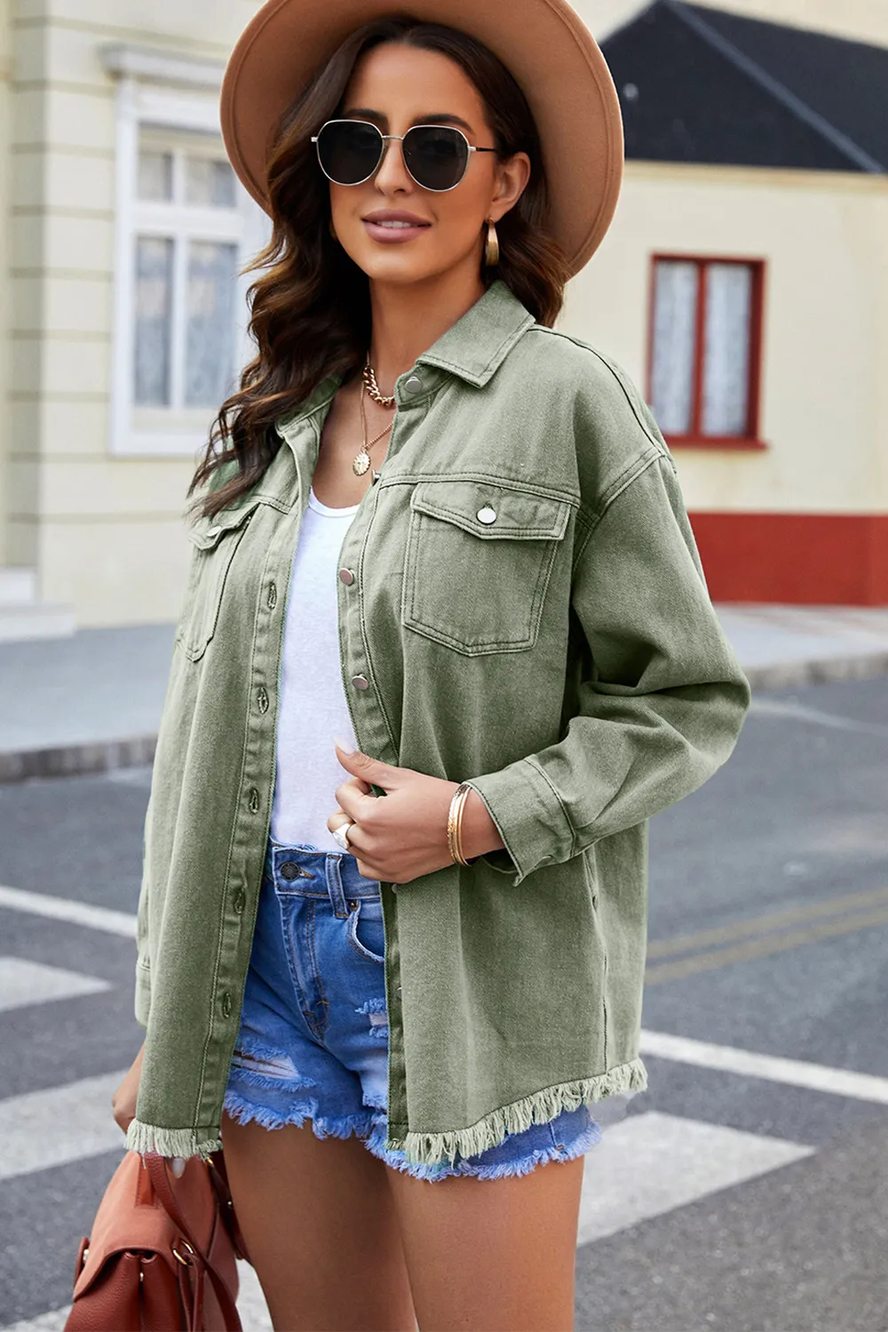 Button Up Pocketed Raw Hem Denim Jacket, image 2