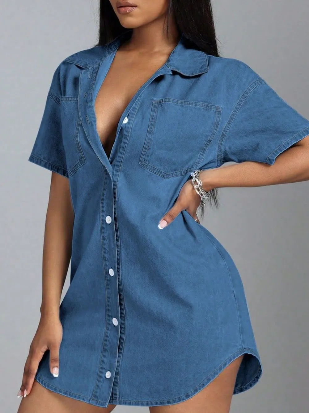 Button Down Collared Neck Denim Dress, image 2