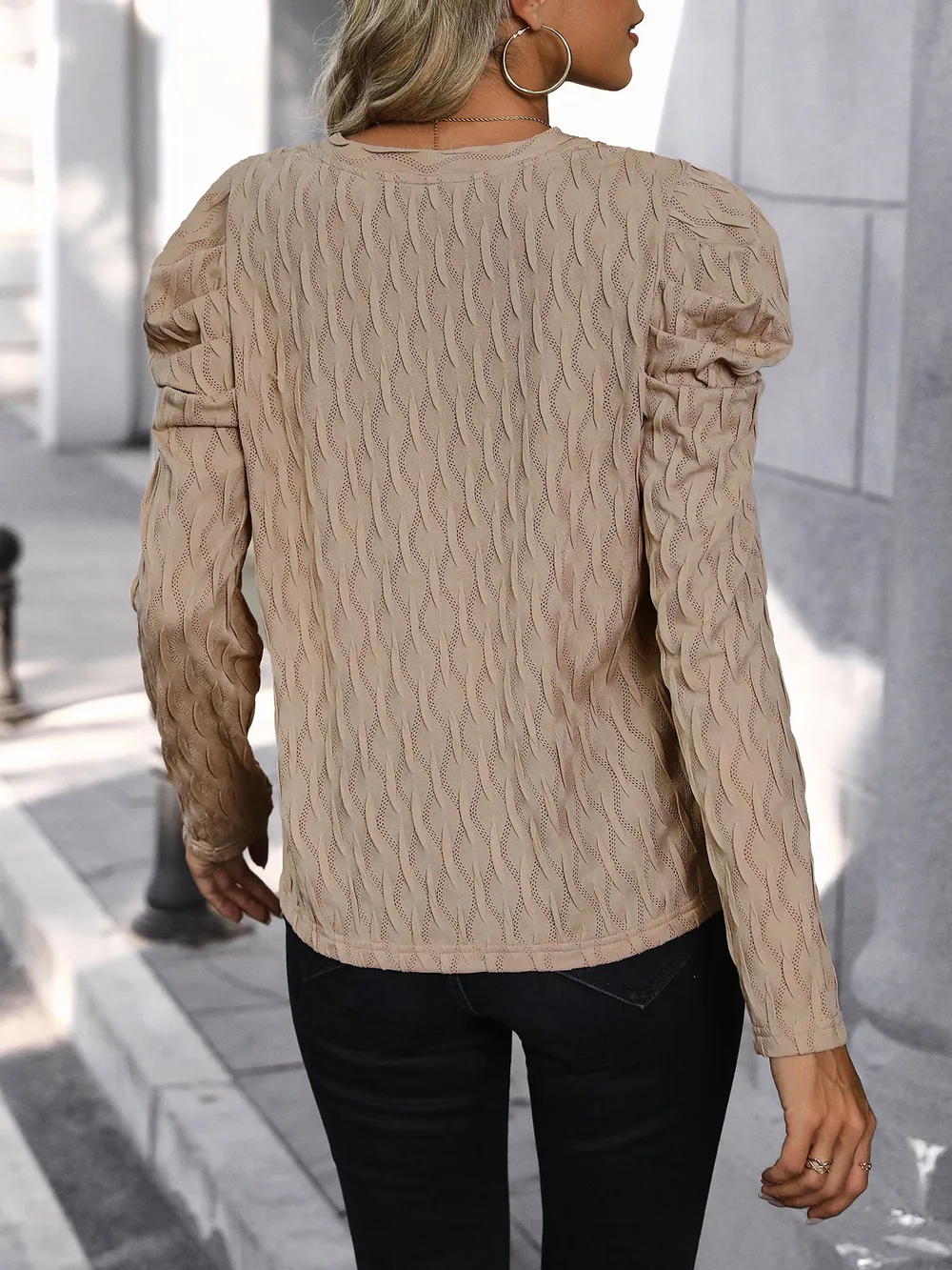 Textured V-Neck Long Sleeve Top, image 2