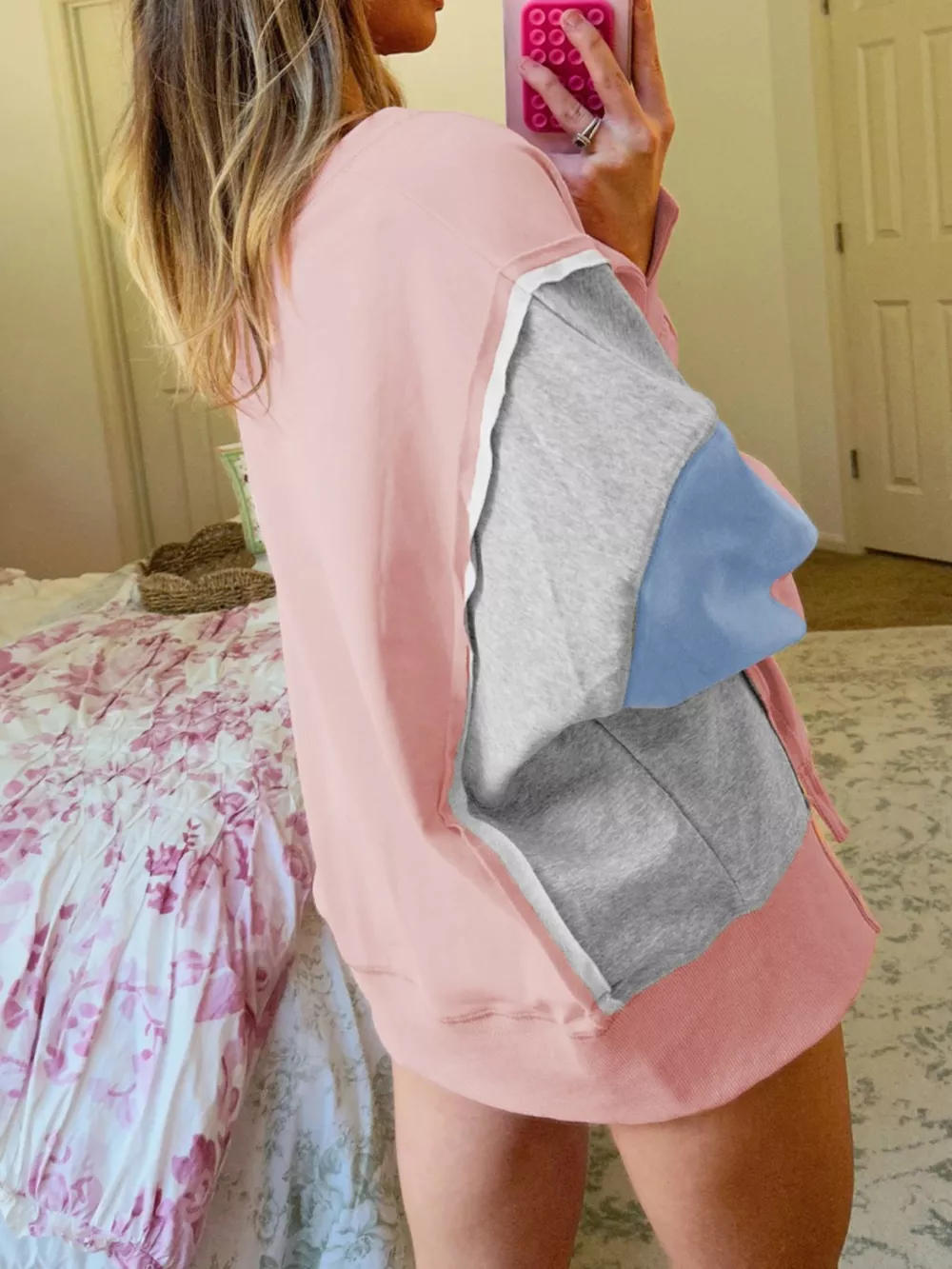 Exposed Seam Color Block Patchwork Slit Cuffs Oversize Sweatshirt, image 2