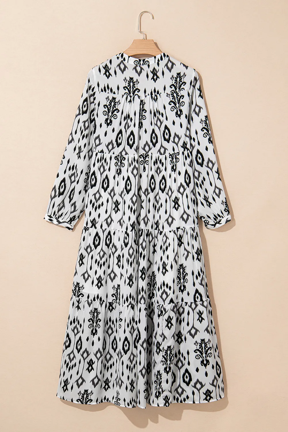 Tiered Printed Notched Long Sleeve Midi Dress, image 2