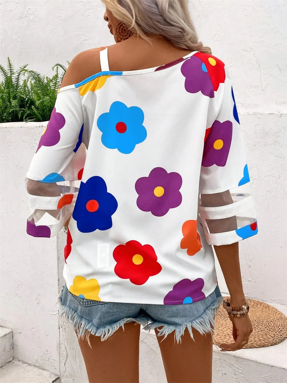 Flower Asymmetrical Neck Blouse, image 2