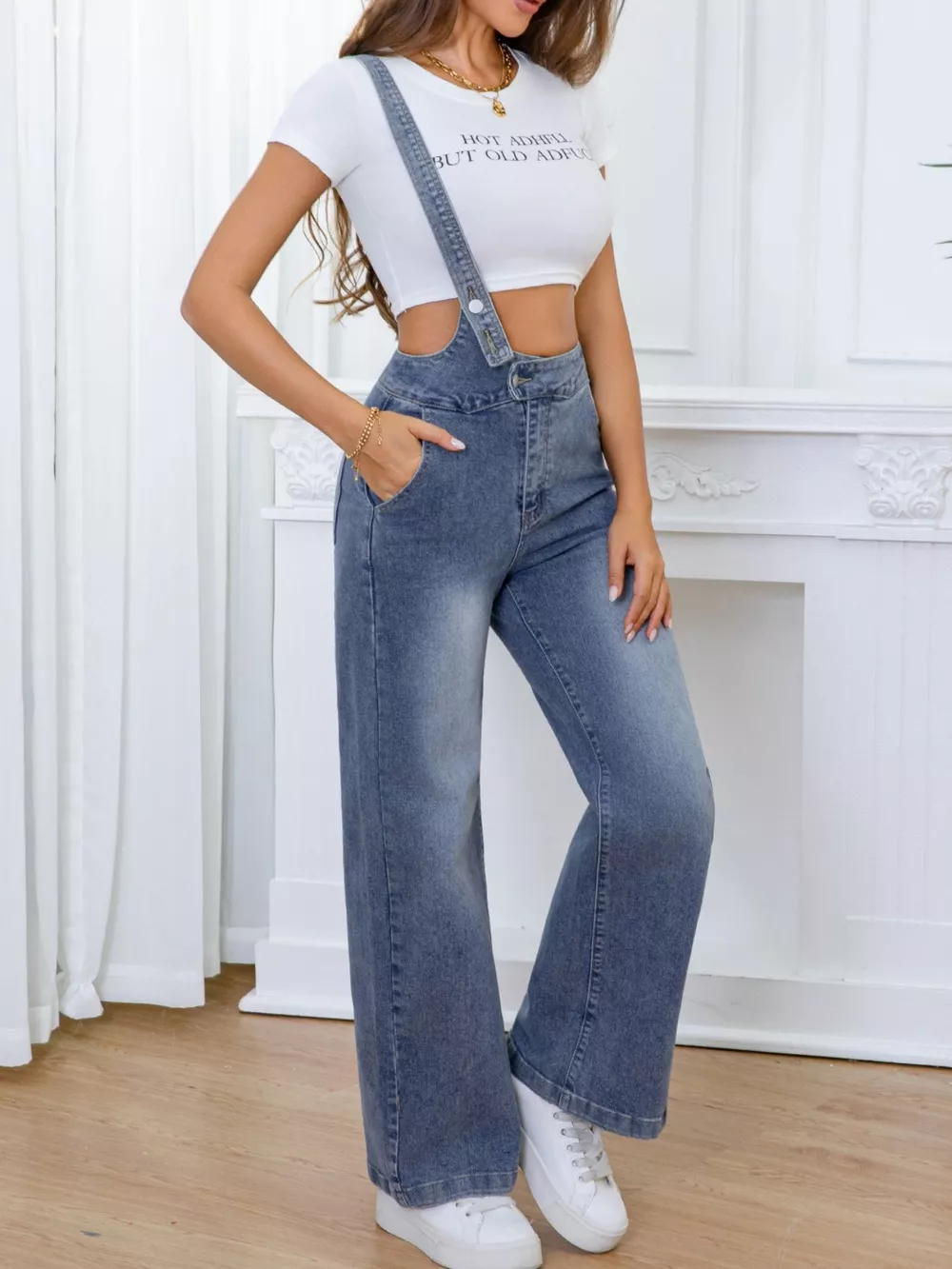 Adjustable Strap Washed Wide-Leg Denim Overalls, image 5