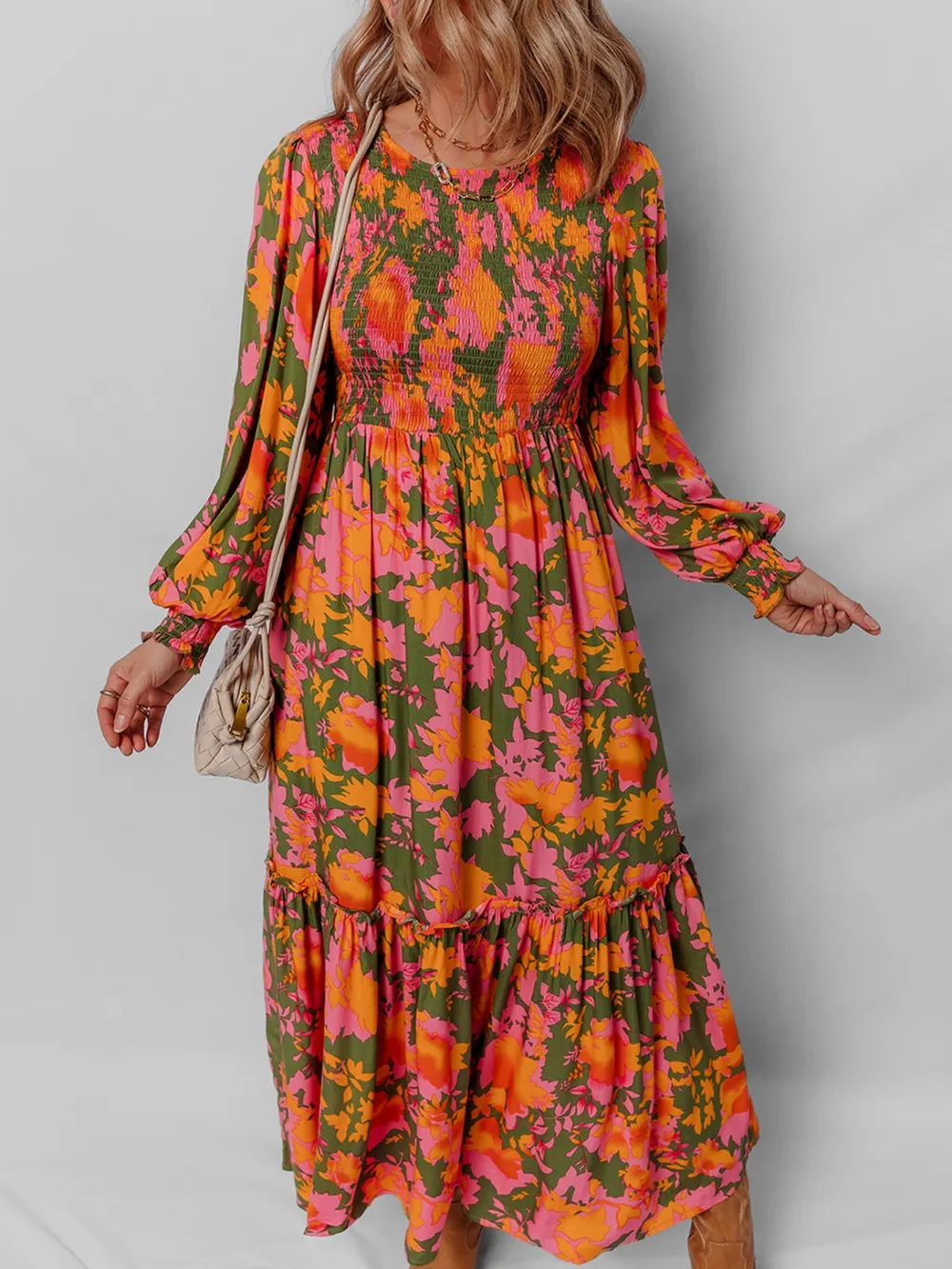 Smocked Floral Print Long Sleeve Maxi Dress, image 2