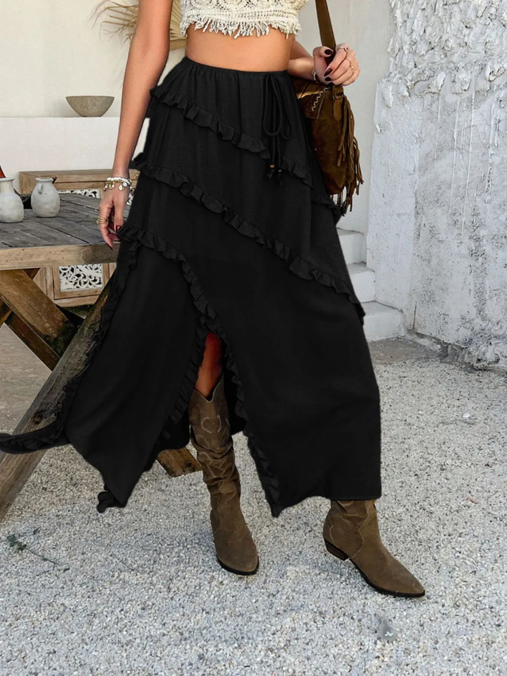Slit Drawstring Ruffled Skirt, image 20