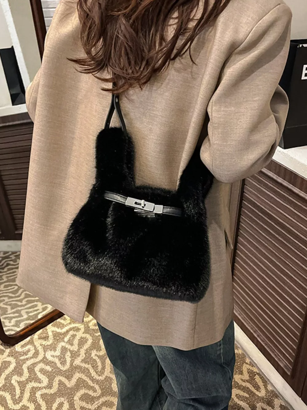 Faux Fur Bucket Crossbody Bag, image 3