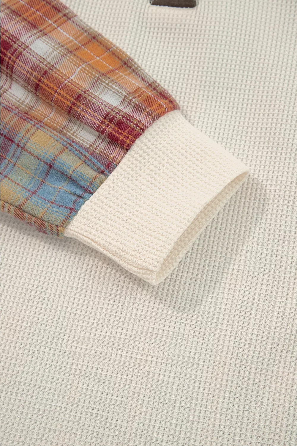 Waffle Knit Plaid Patchwork Long Sleeve Blouse, image 4