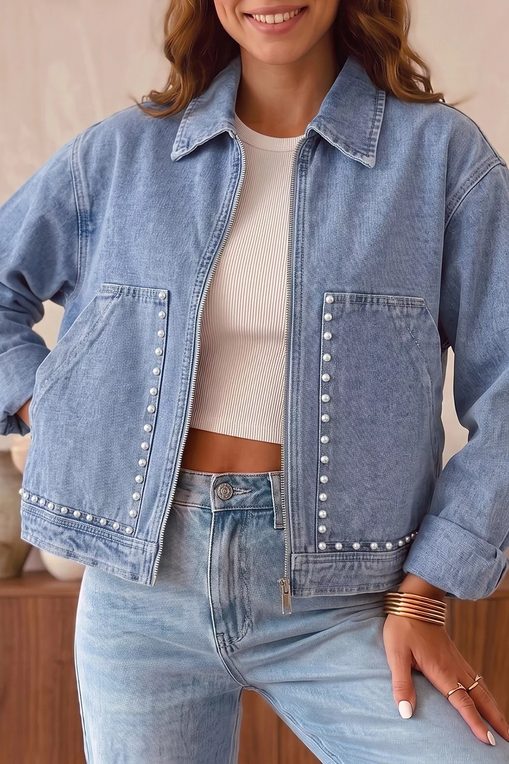 Studded Metal Zipper Rivet Pockets Long Sleeve Denim Jacket, image 3