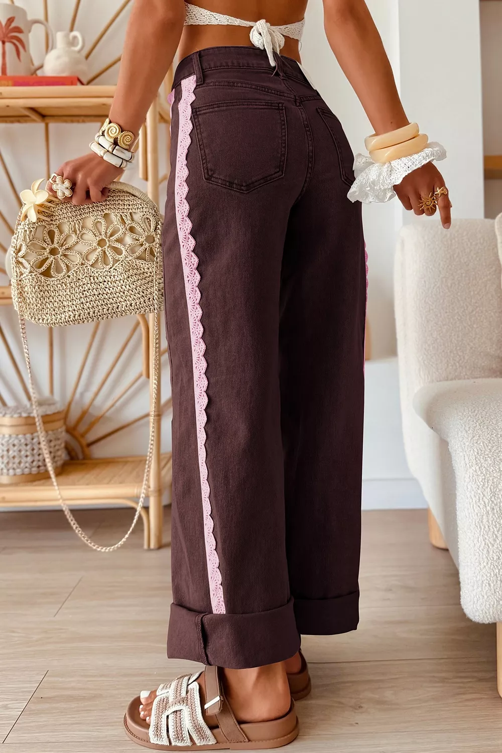 Lace Trim Casual Full-Length Regular Fit Jeans, image 3