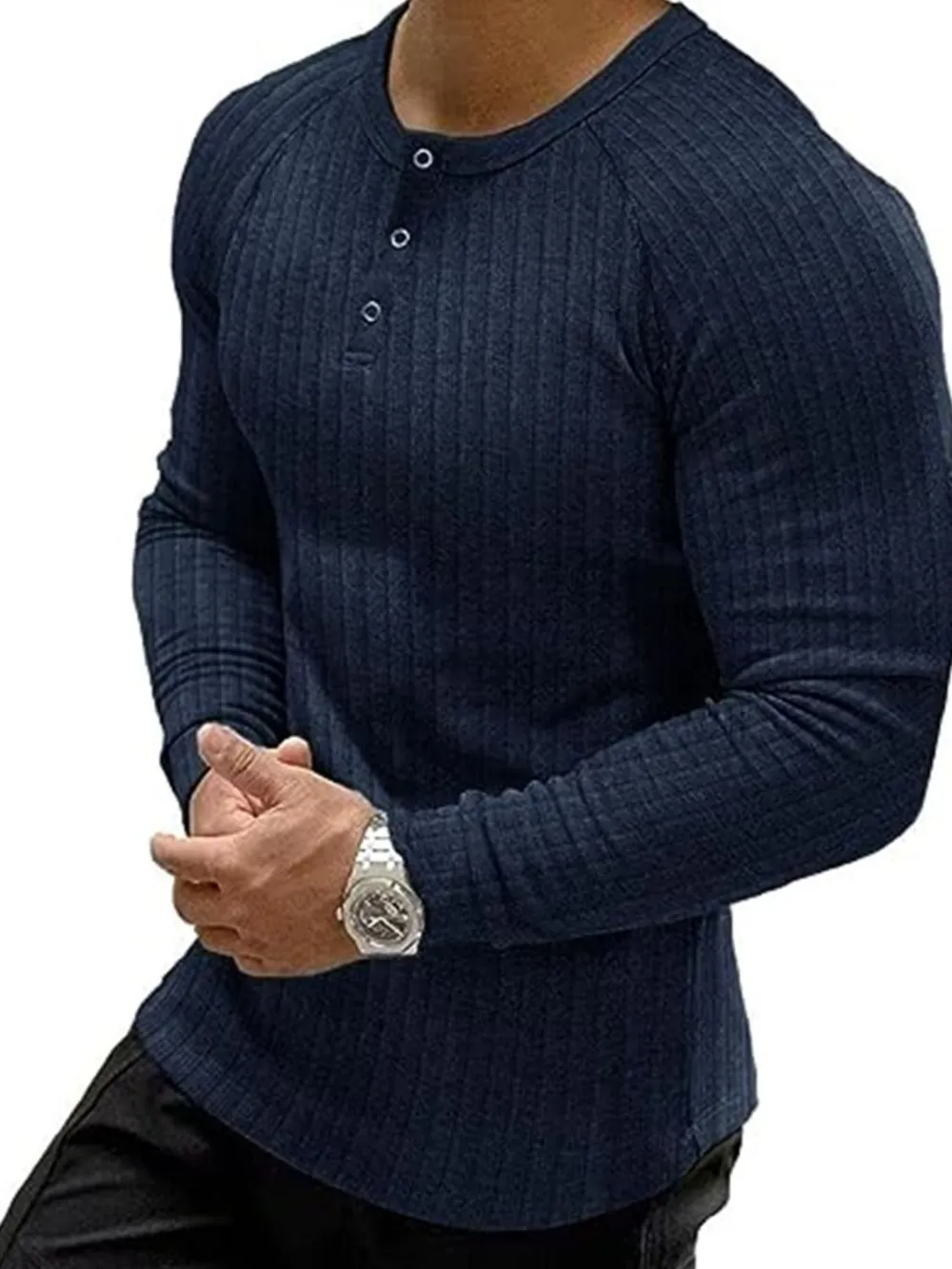 Men's Full Size Ribbed Round Neck Long Sleeve T-Shirt Plus Size, image 2