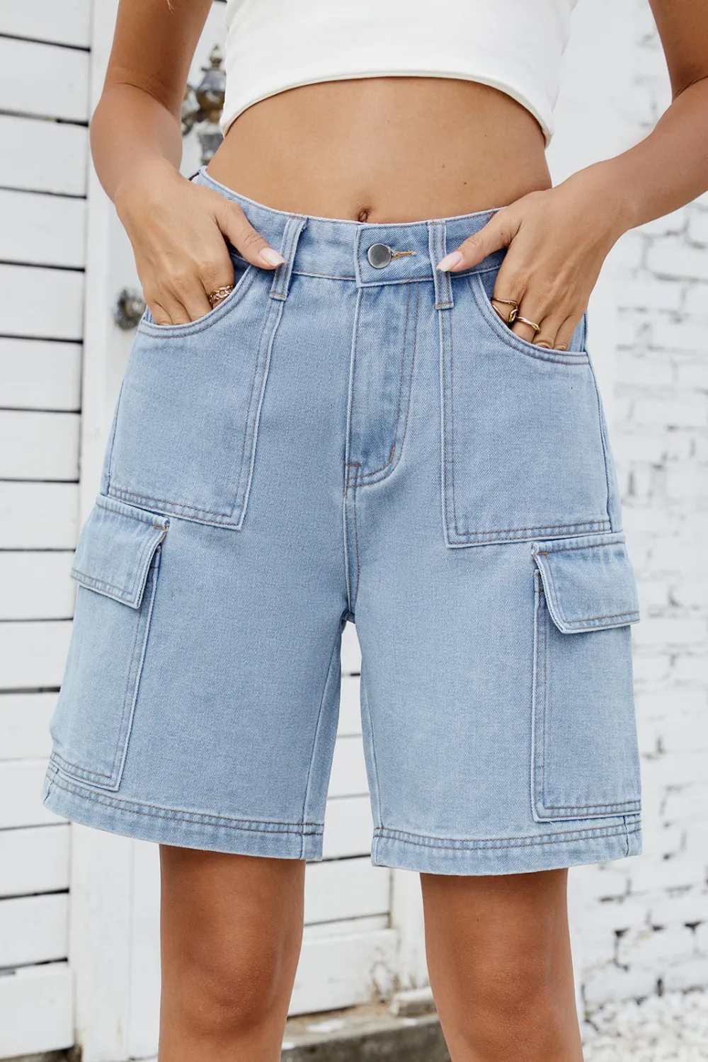 High Rise Denim Shorts with Cargo Pockets, image 3