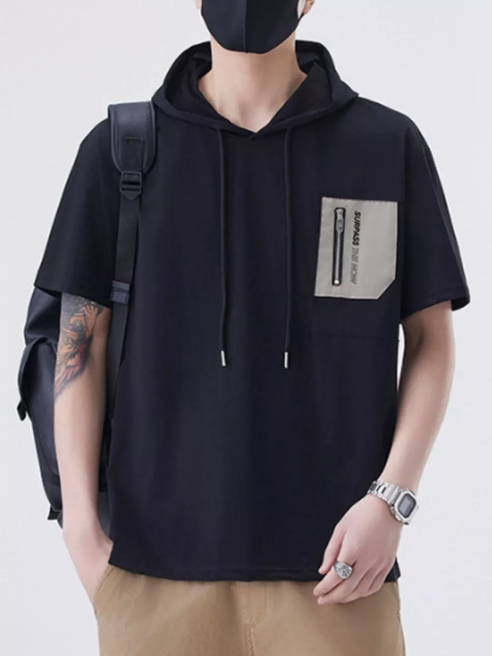 Men's Plus Size Drawstring Short Sleeve Hooded Top, image 4
