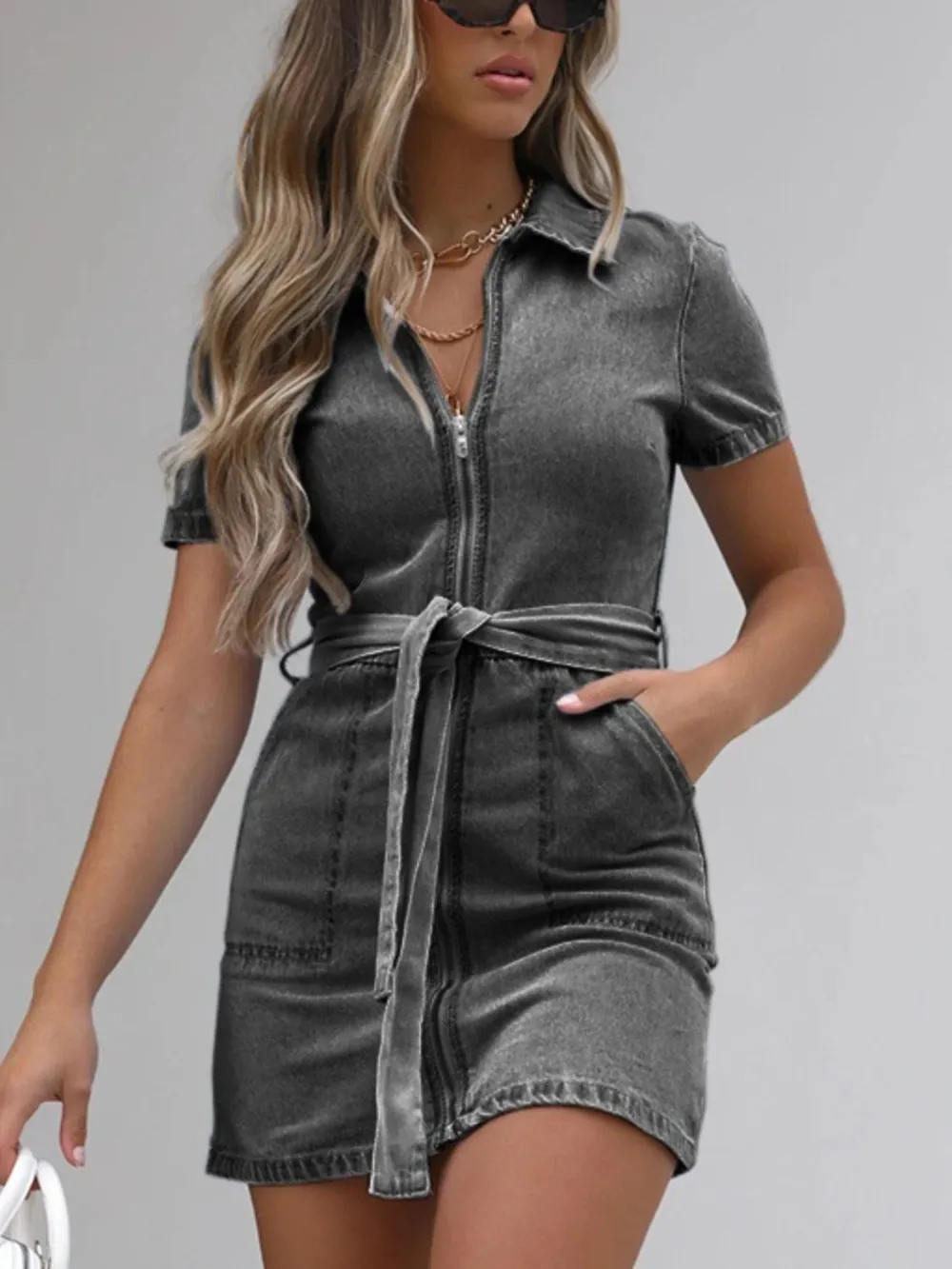Full Size Zip Front Short Sleeve Denim Dress Plus Size, image 5