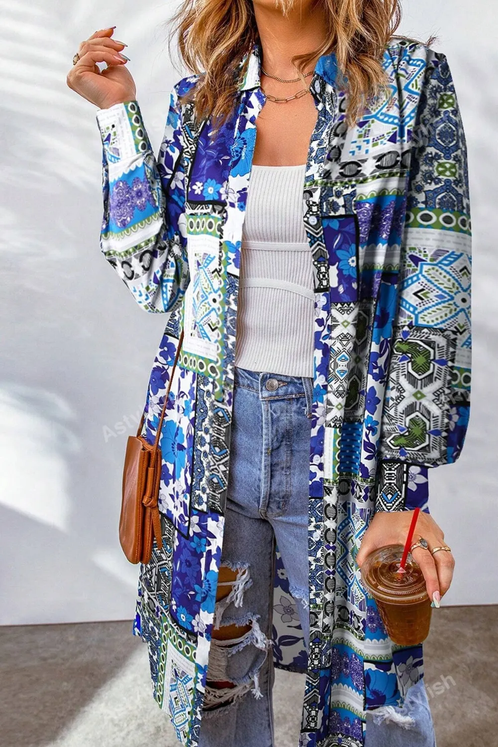 Printed Button Up Long Sleeve Cardigan, image 2