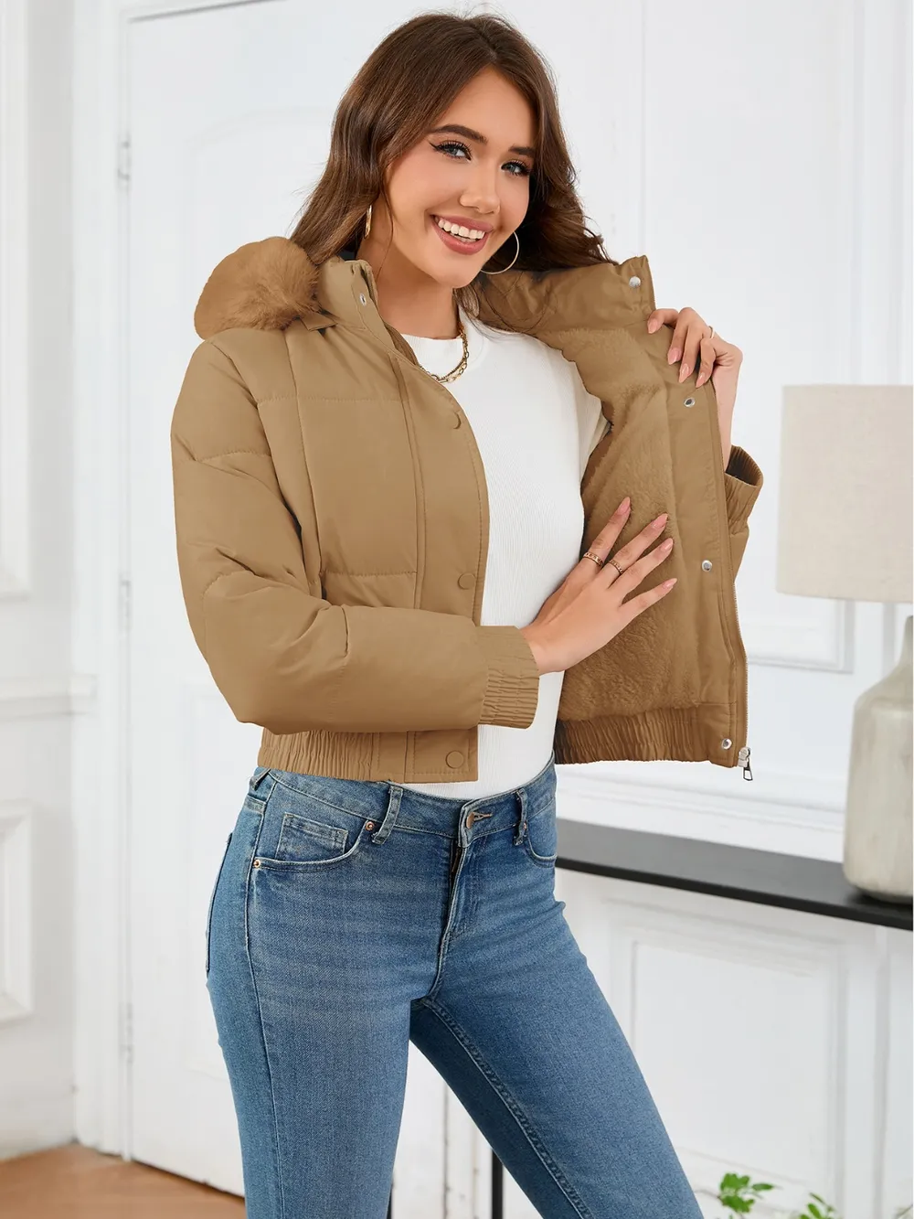 Pocketed Long Sleeve Cropped Hooded Winter Coat, image 6