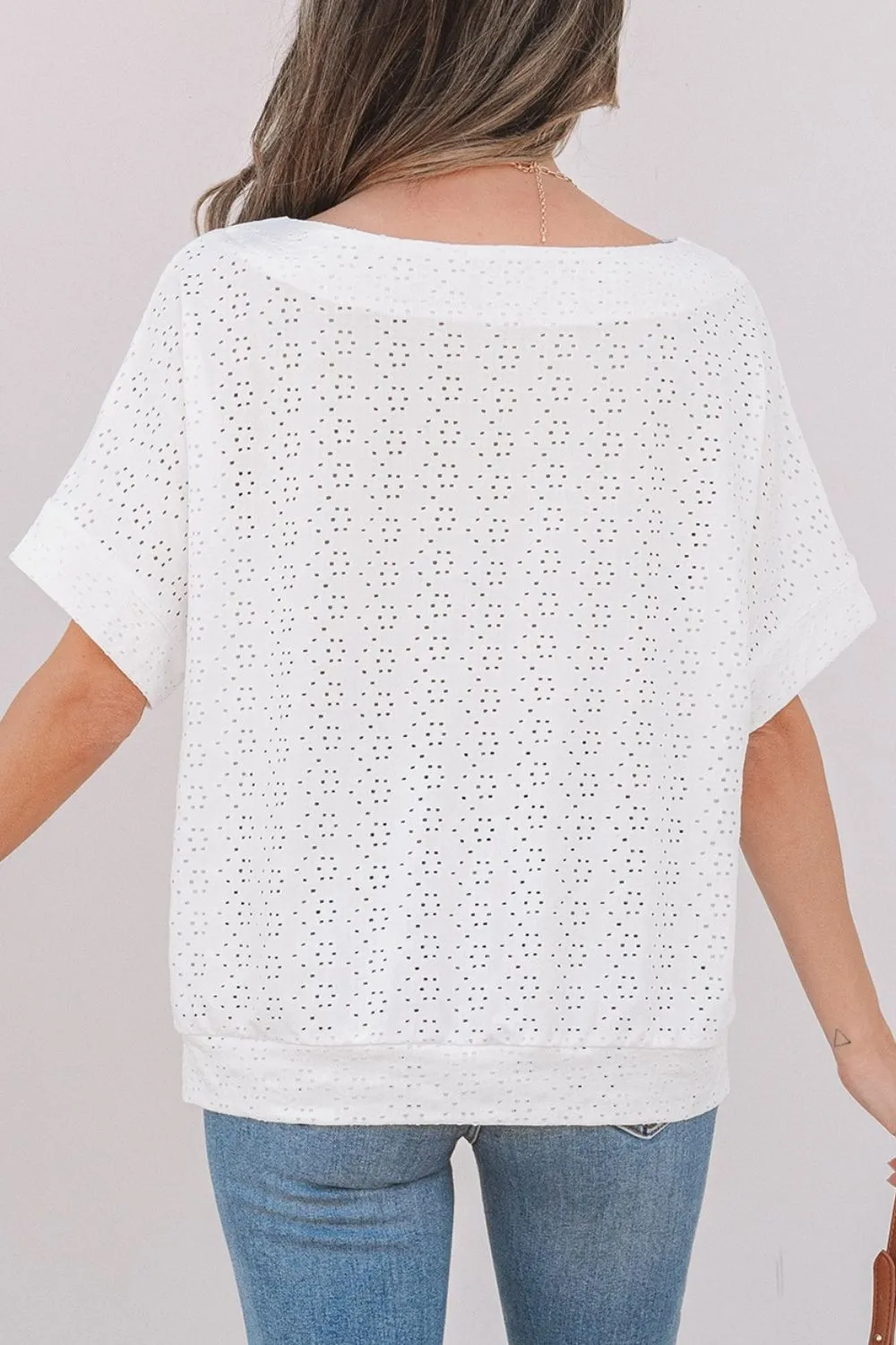 Eyelet Pattern Boat Neck Casual Tee, image 4