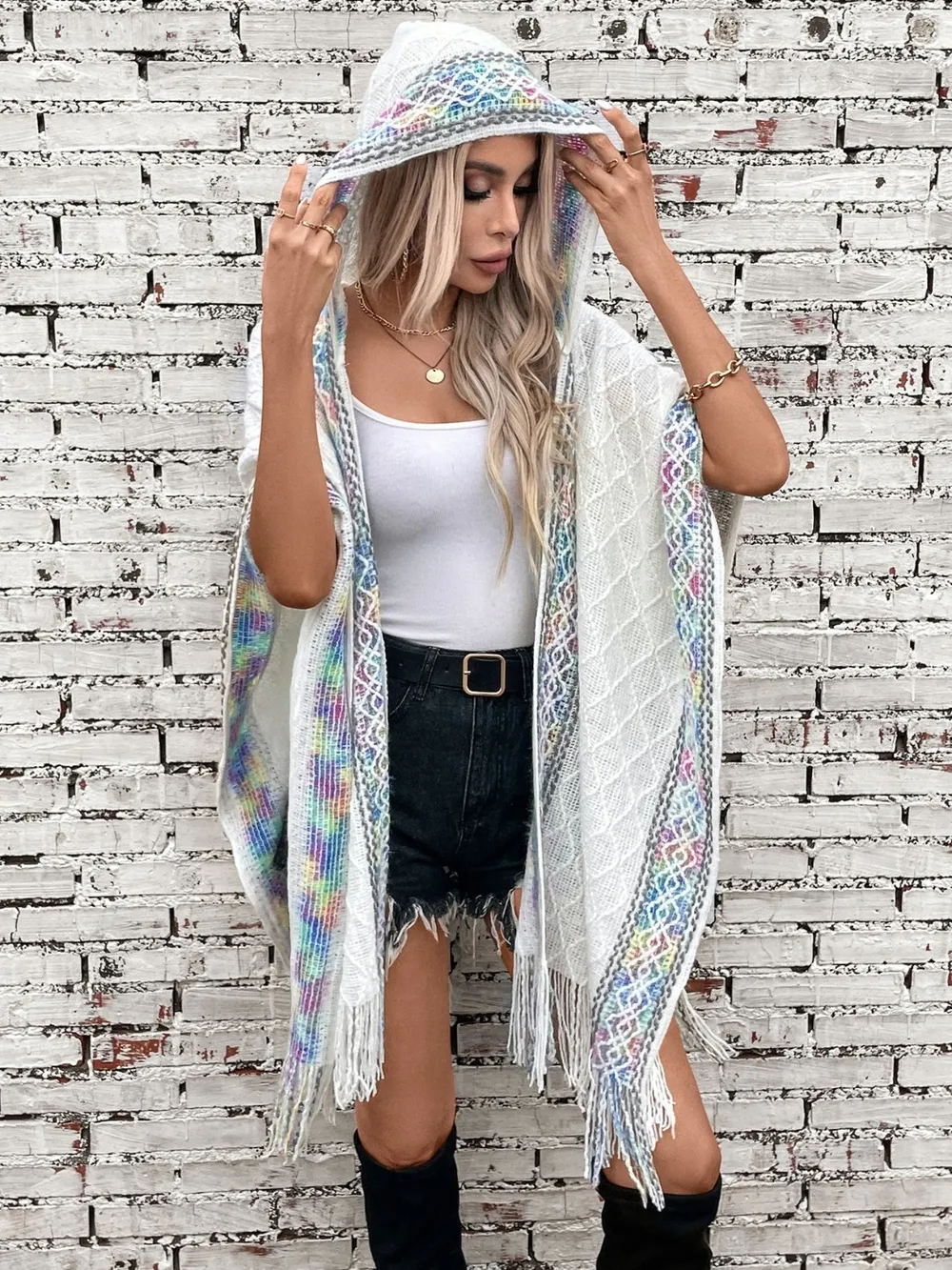 Fringe Half Sleeve Hooded Poncho, image 6