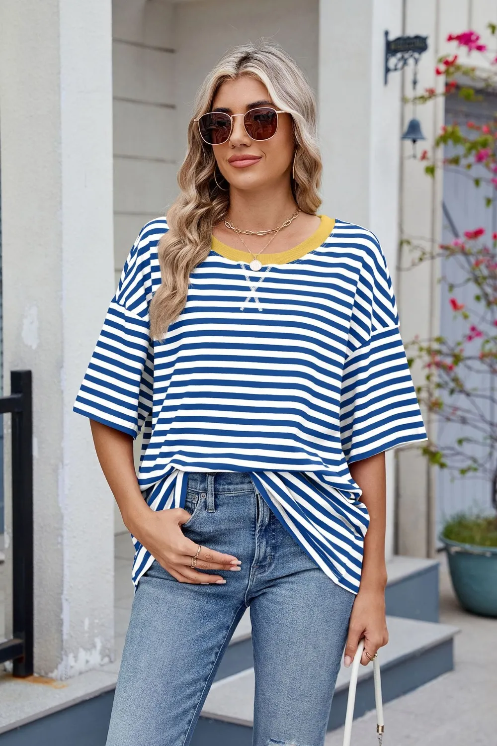 Contrast Striped Round Neck Half Sleeve T-Shirt, image 2