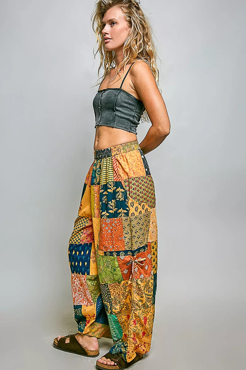 Printed Patchwork Wide Leg Pants with Adjustable Side Drawstring, image 4