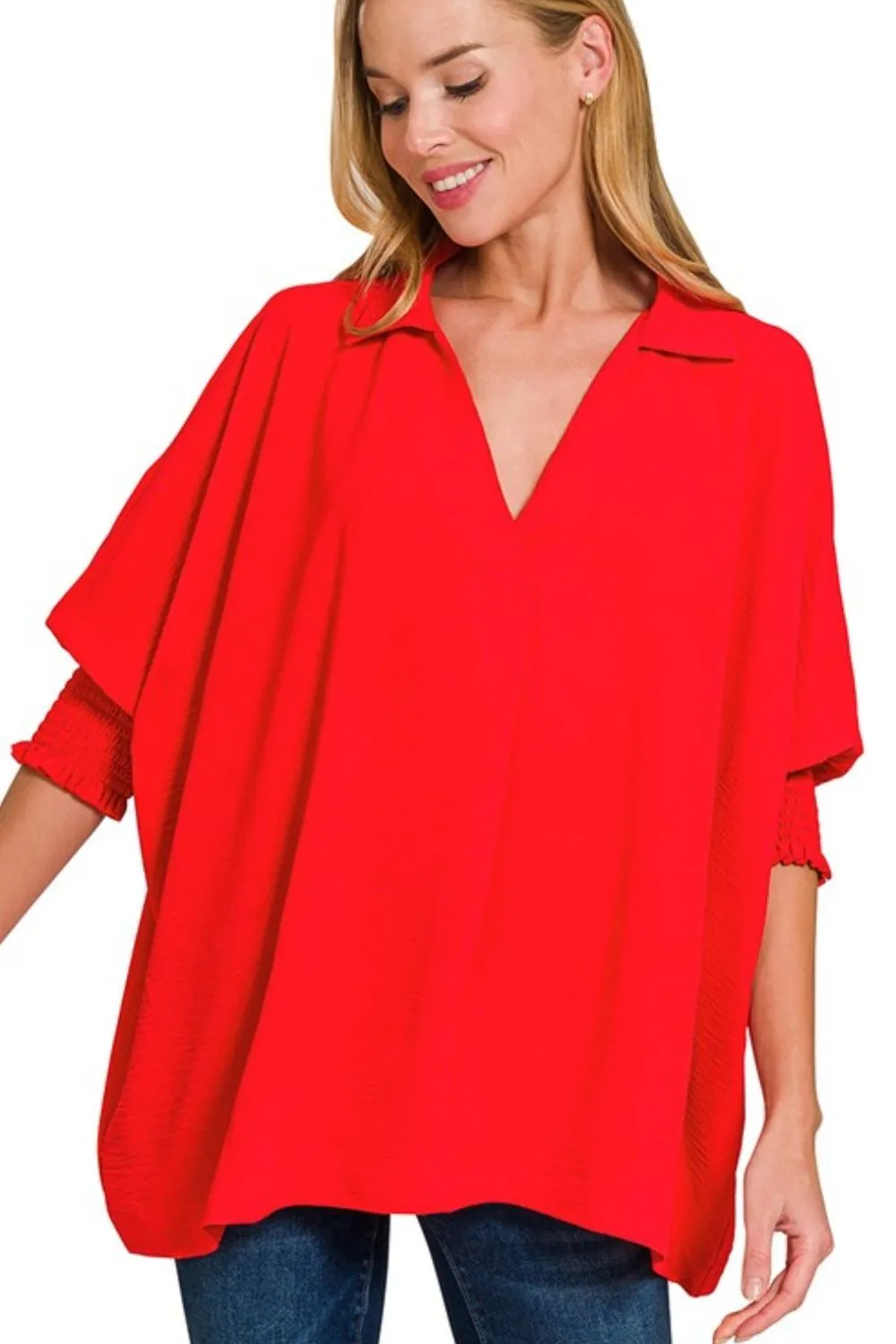 Airflow Collar Tee with Smocked Sleeve Band Top