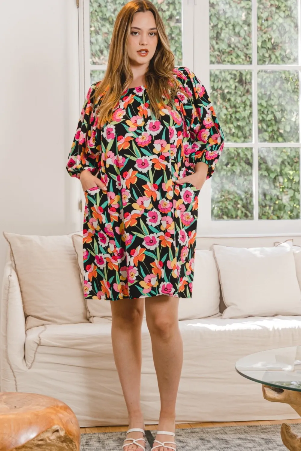 Full Size Floral Puff Sleeve Mini Dress, image 2