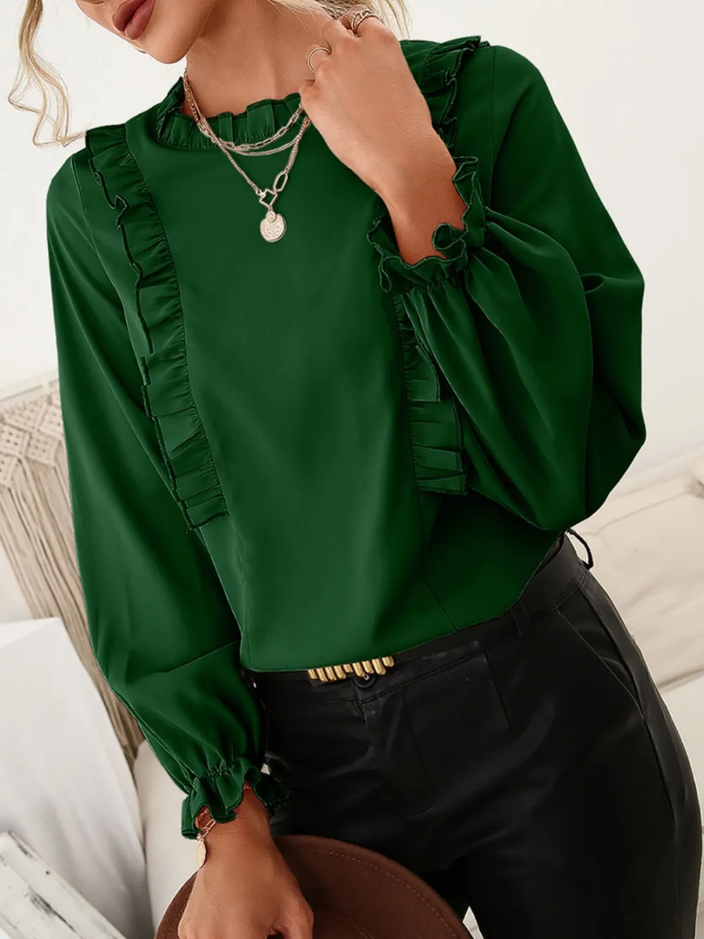 Frill Round Neck Flounce Sleeve Blouse, image 11