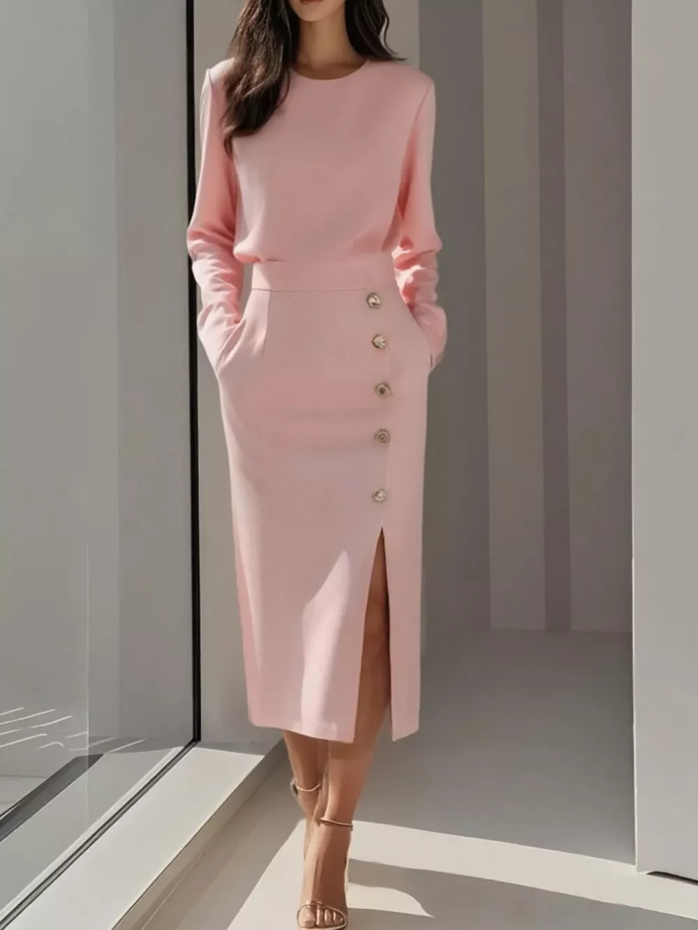 Long Sleeve Button Detail Midi Dress with Side Slit, image 2
