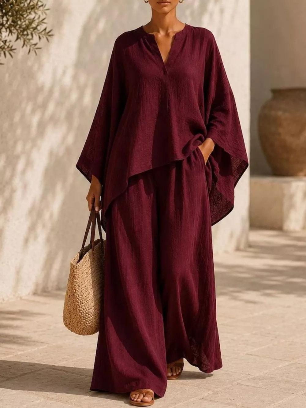 Full Size Notched Long Sleeve Top and Wide-Leg Pants Set Plus Size, image 11
