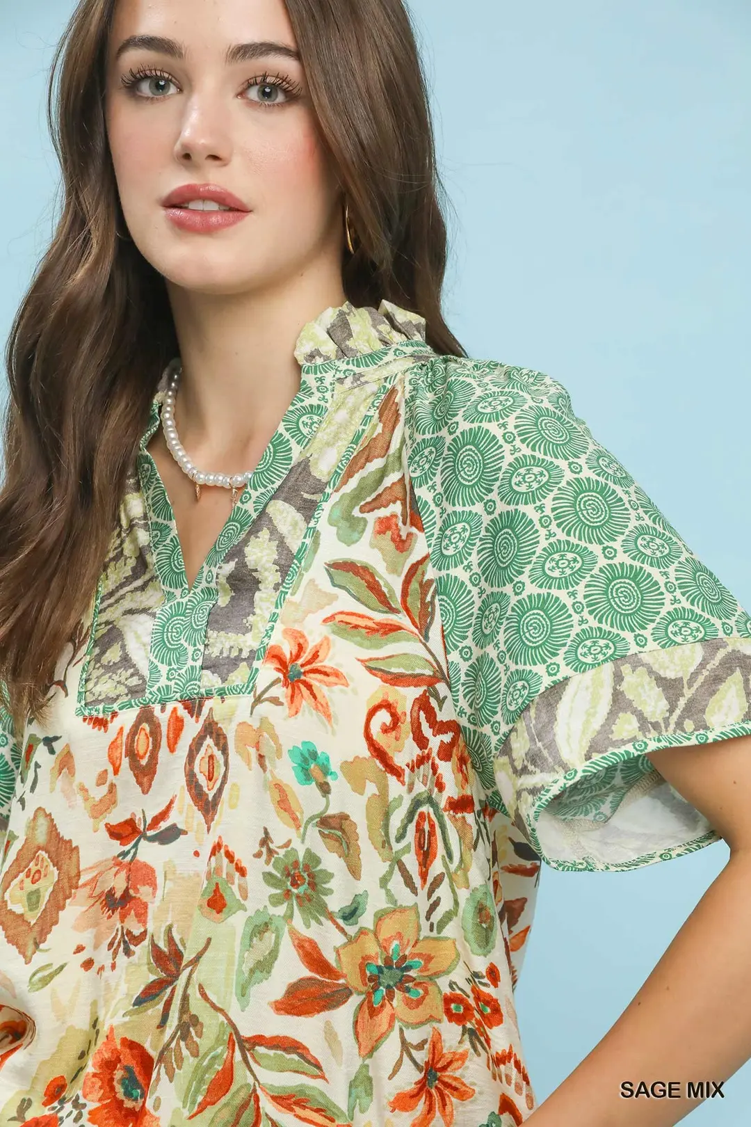 Mixed Print V-Neck Short Sleeve Top, image 3