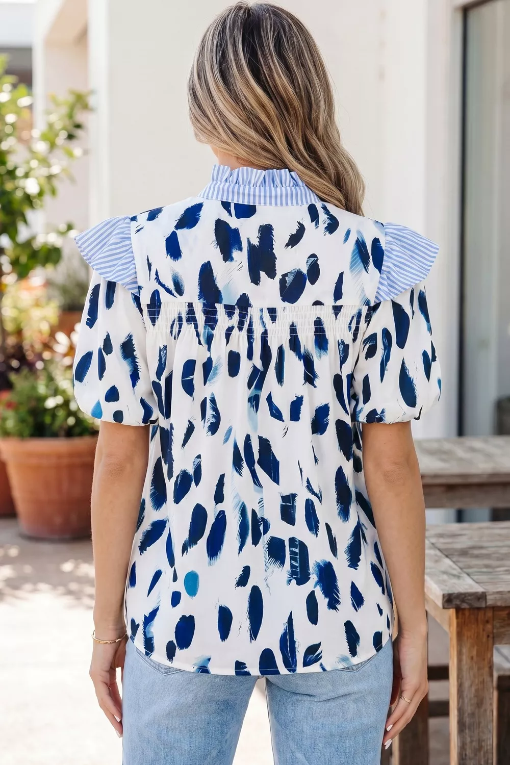 Abstract Animal Print Striped Ruffle Trim V Neck Blouse, image 2