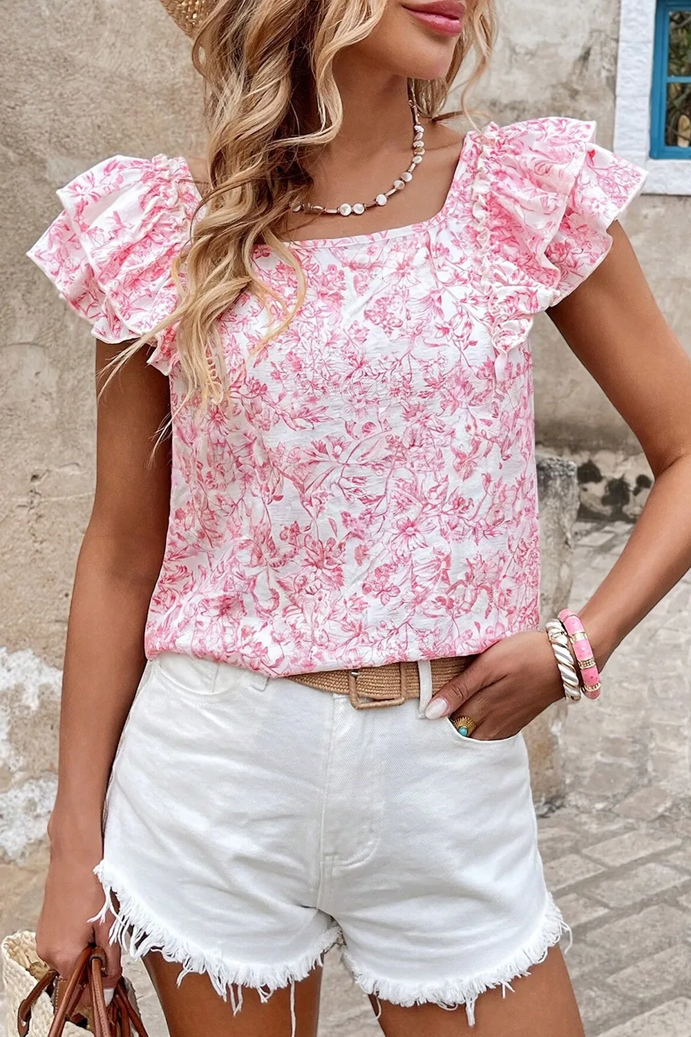 Bow Back Printed Ruffled Cap Sleeve Blouse, image 2