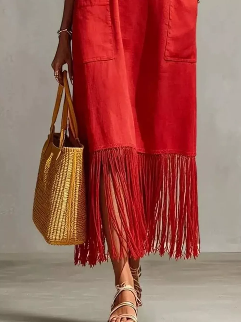 Full Size Fringe V-Neck Spaghetti Strap Dress Plus Size, image 9