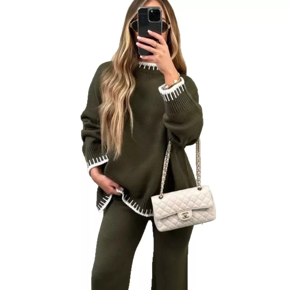 Contrast Trim Round Neck Top and Pants Sweater Set, image 11