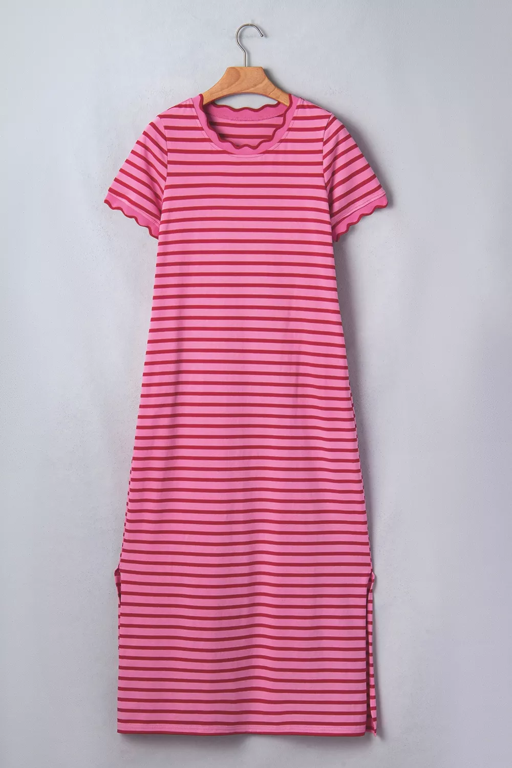 Stripe Striped Short Sleeve Scalloped Trim Side Slit Maxi Tee Dress, image 6