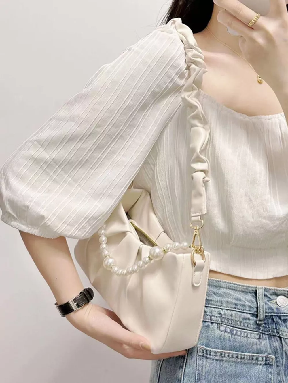 Pearl Embellished Ruched Shoulder Bag, image 2