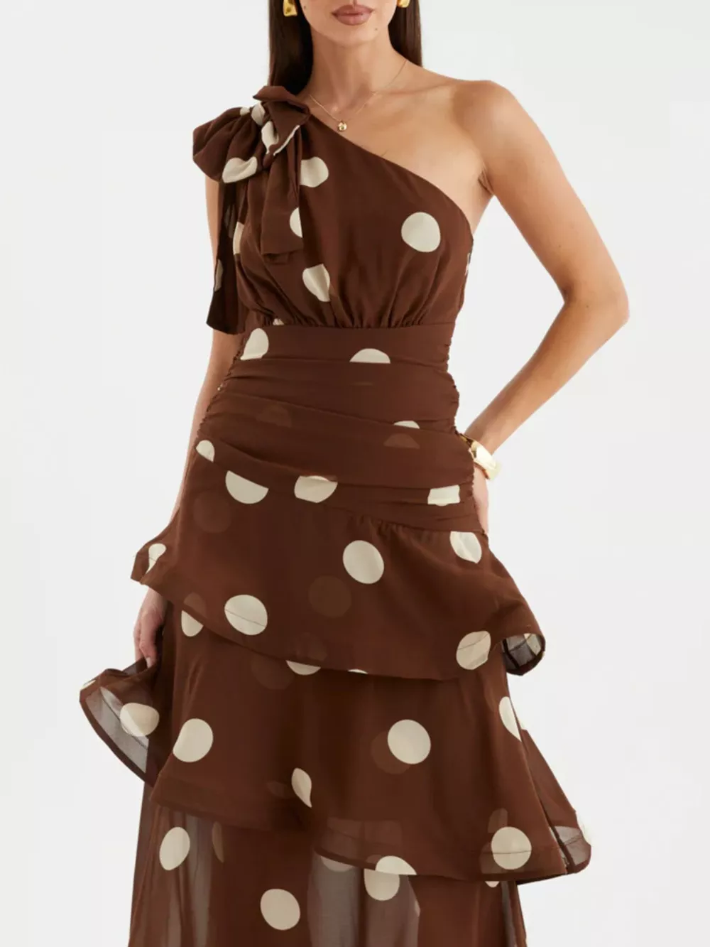 Polka Dot One-Shoulder Ruffle Dress, image 2