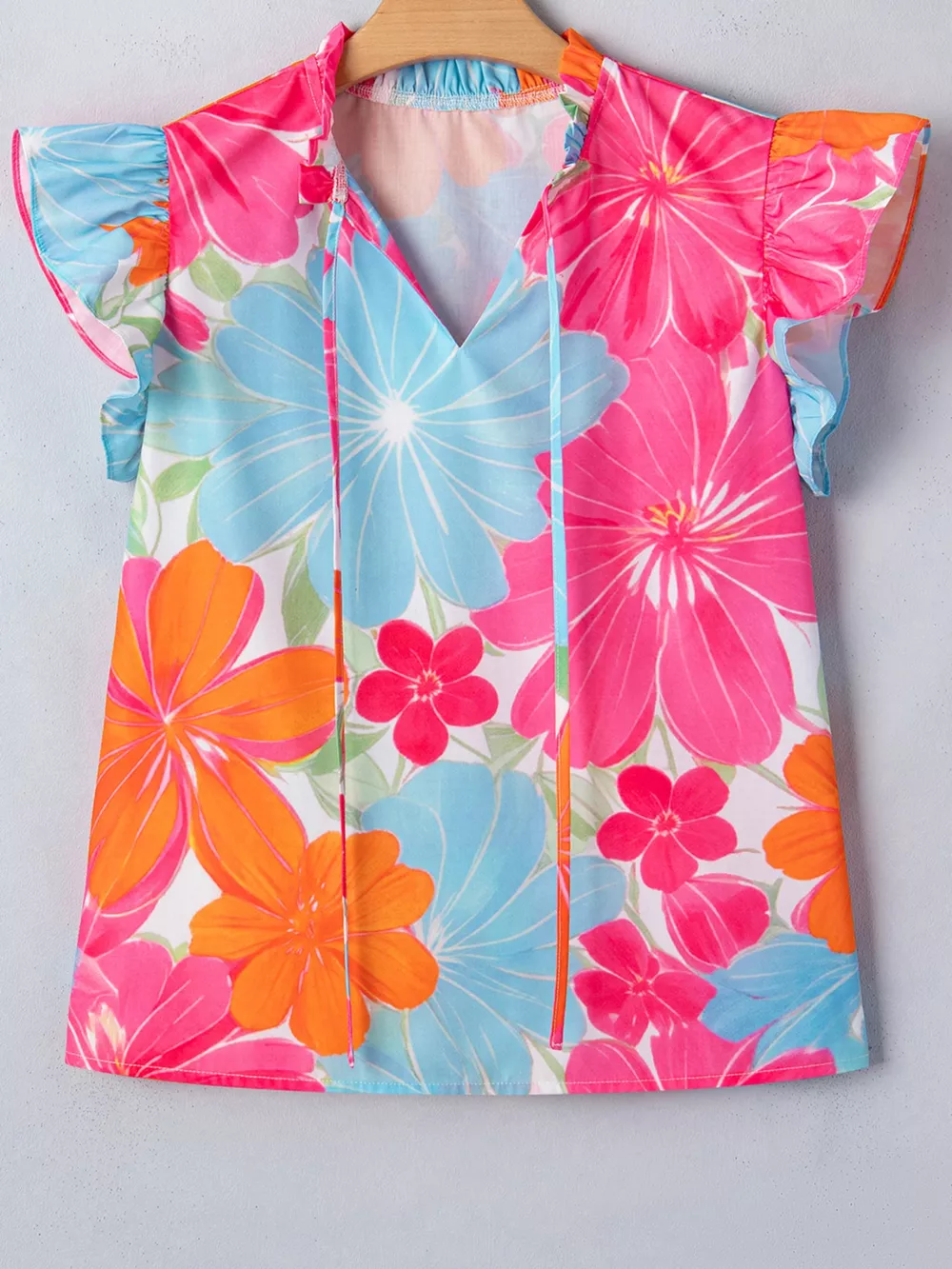 Flower Printed Tie V Neck Ruffle Trim Sleeveless Blouse, image 2