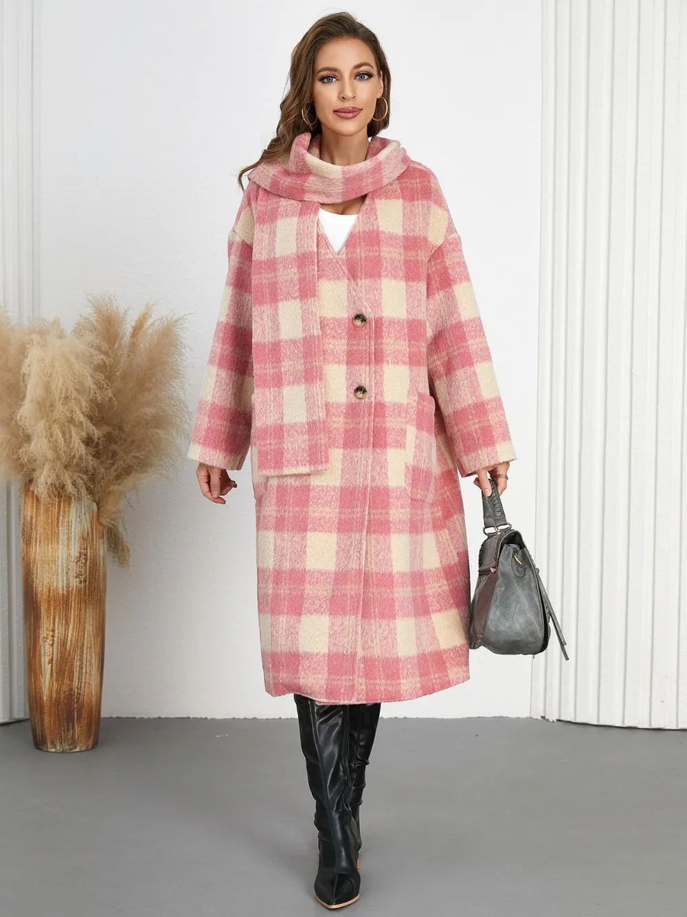 Plaid Button Up Long Sleeve Coat, image 2