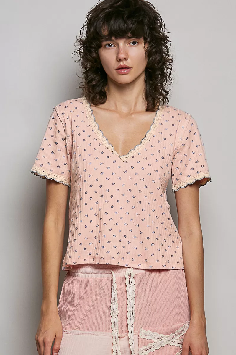 Floral V-Neck Short Sleeve Rib T-Shirt, image 2