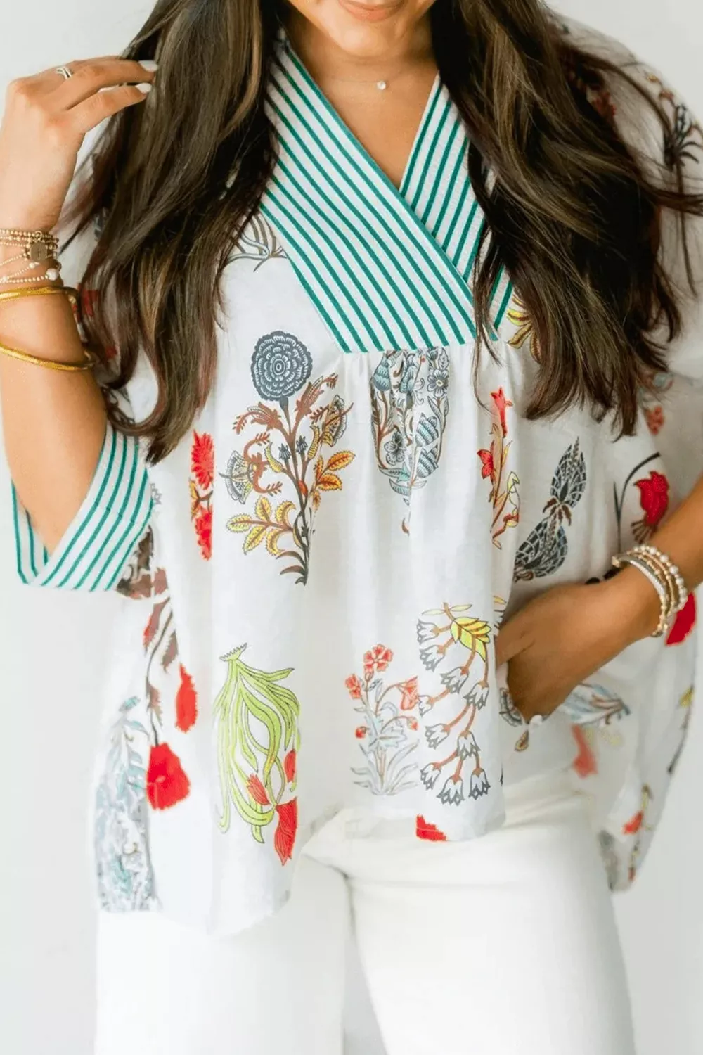 Floral Print Striped Contrast Trim V Neck Half Sleeve Blouse, image 3