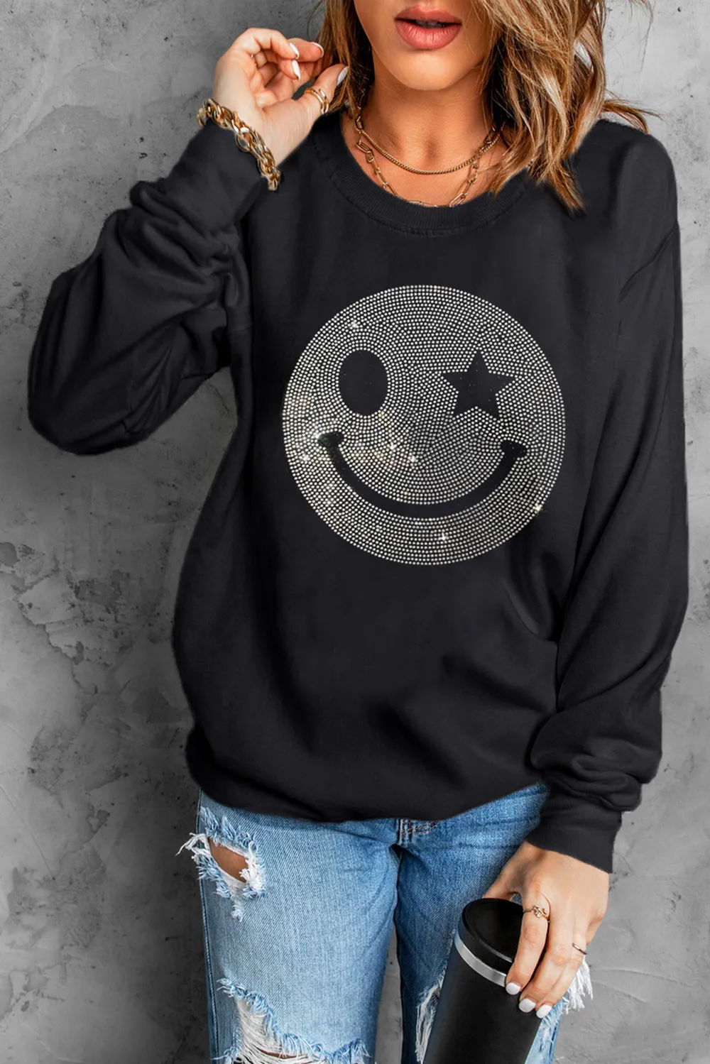 Rhinestone Smile Long Sleeve Sweatshirt, image 2